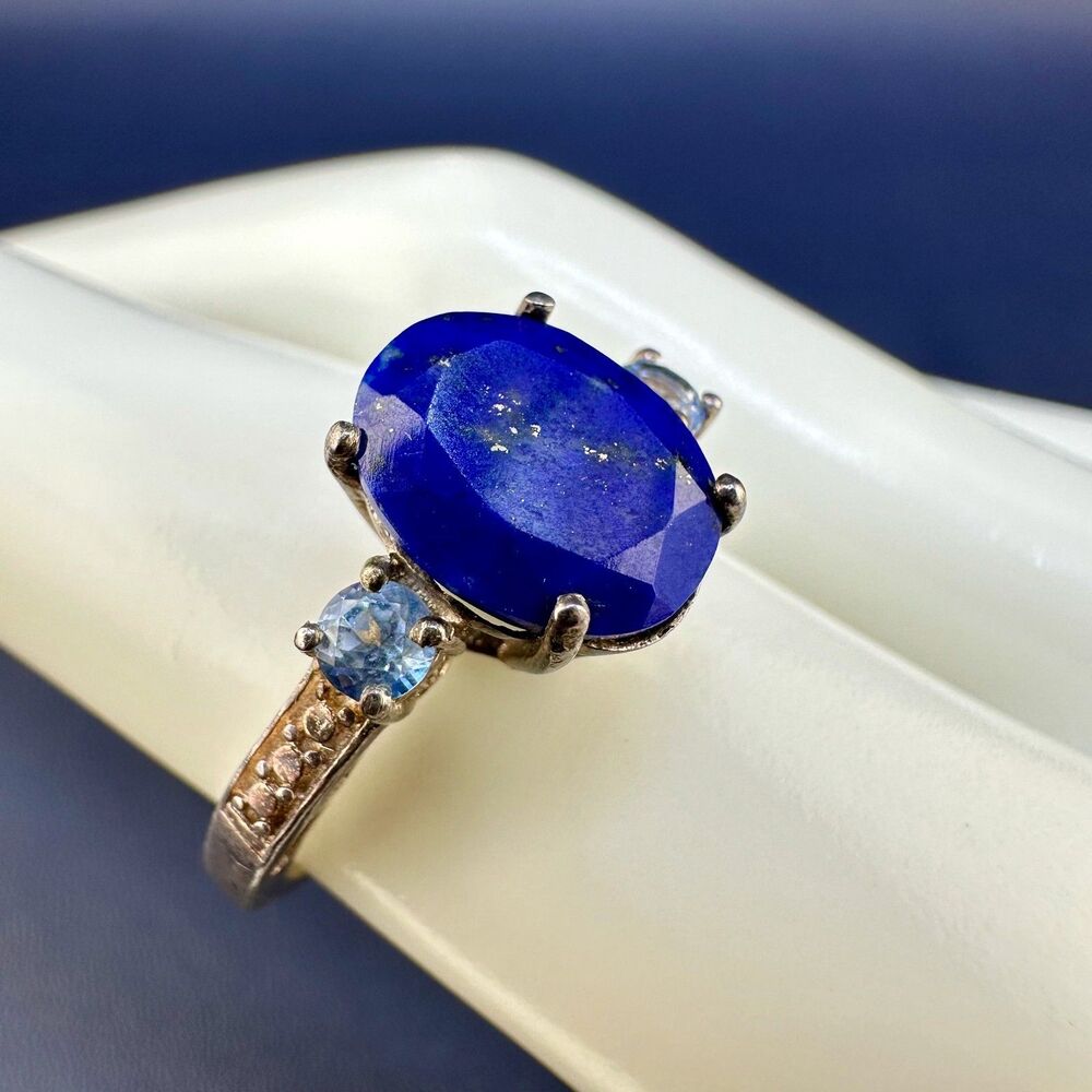Vintage Ring Sterling Silver 925 Blue Lapis Lazuli Light Topaz Filigree Pronged